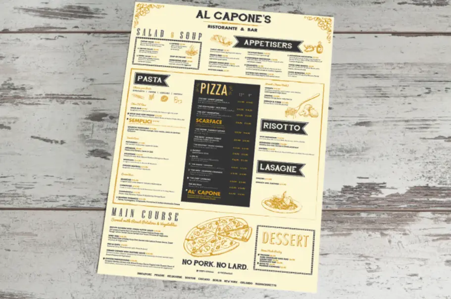 AL CAPONE’S MENU SINGAPORE PRICES