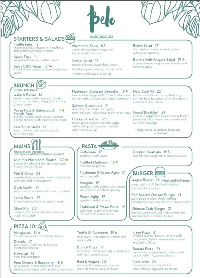 BELO CAFE & PIZZA BAR MENU SINGAPORE PRICES