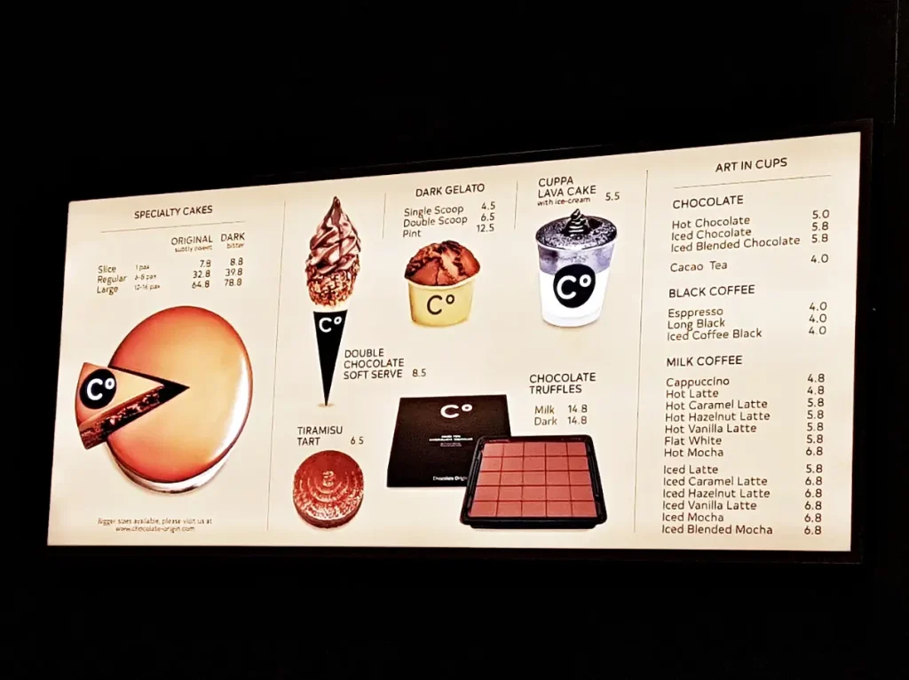 CHOCOLATE ORIGIN MENU SINGAPORE PRICES