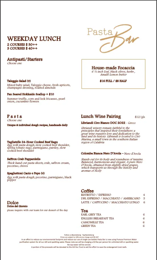 PASTA BAR MENU SINGAPORE PRICES