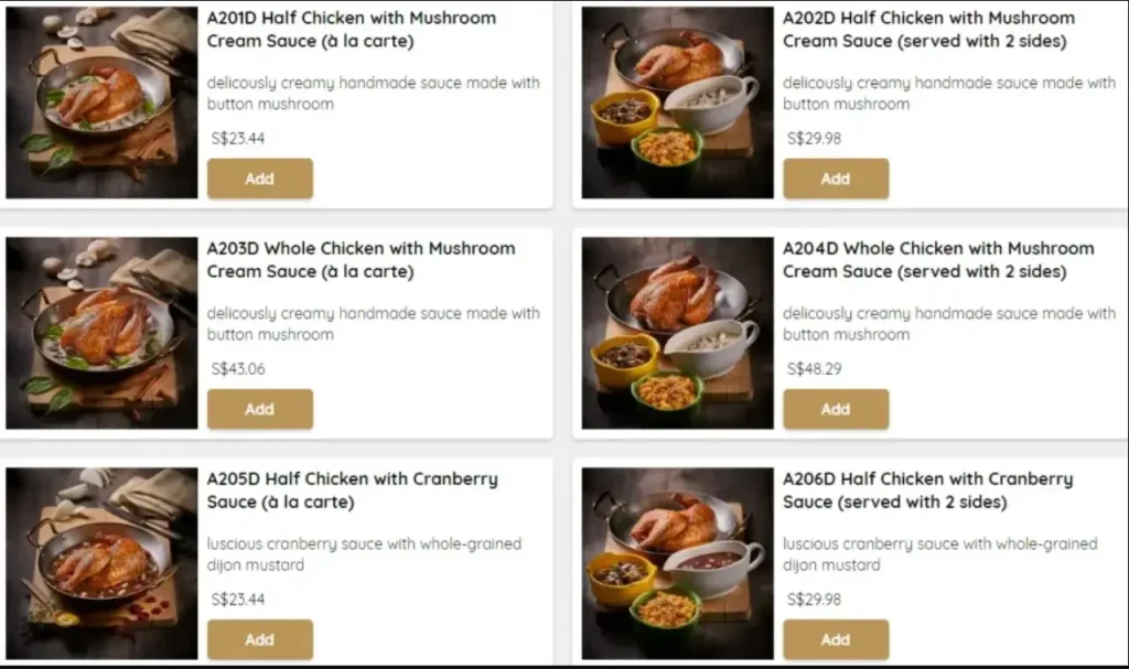 POULET MENU SINGAPORE PRICES