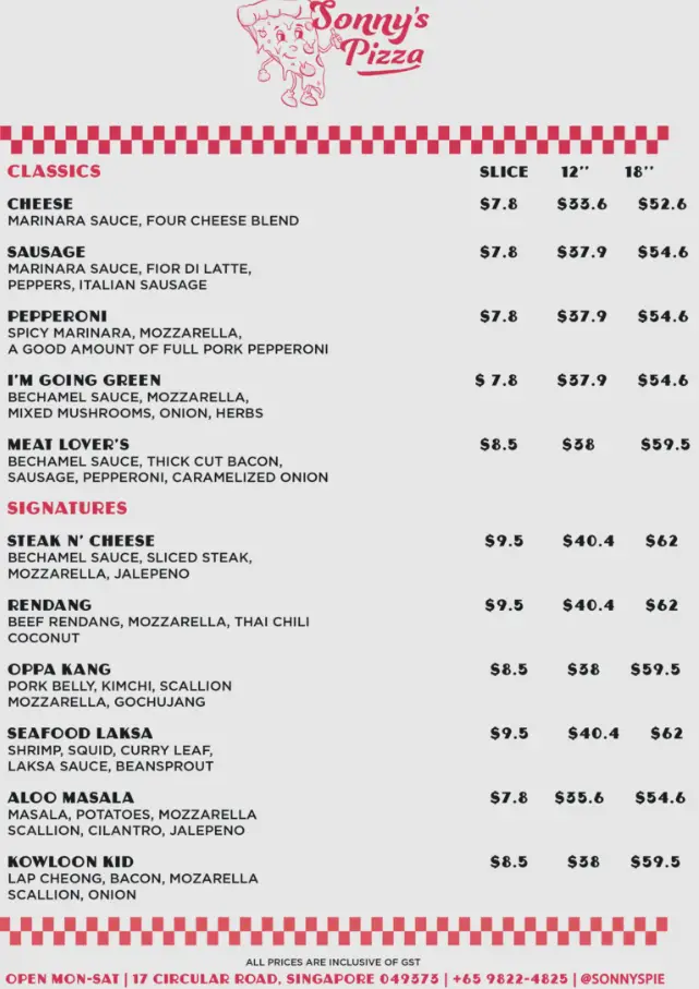 SONNY’S PIZZA MENU SINGAPORE PRICES