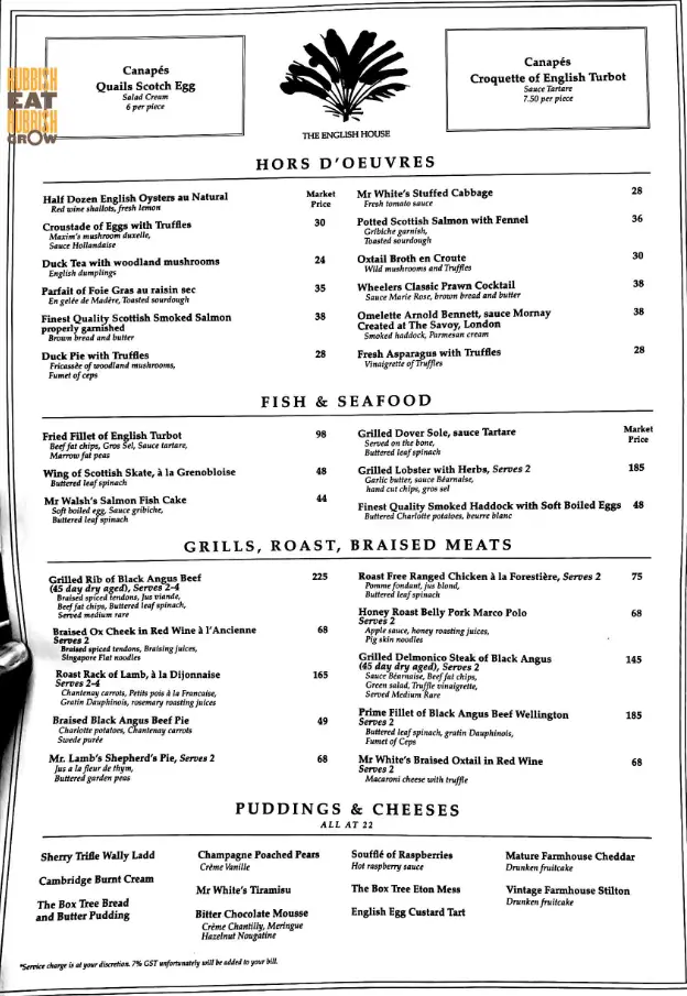 THE ENGLISH HOUSE MENU SINGAPORE PRICES