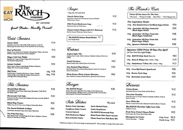 THE RANCH MENU SINGAPORE PRICES